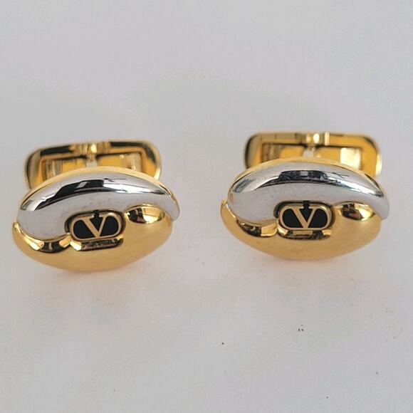 Valentino Garavani Oval Cufflinks Gold Silver Tone Italian Designer Logo - Picture 1 of 7